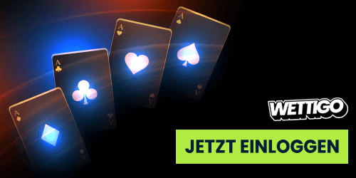 Leuchtende Spielkarten mit Wettigo Logo und grünem Login Button